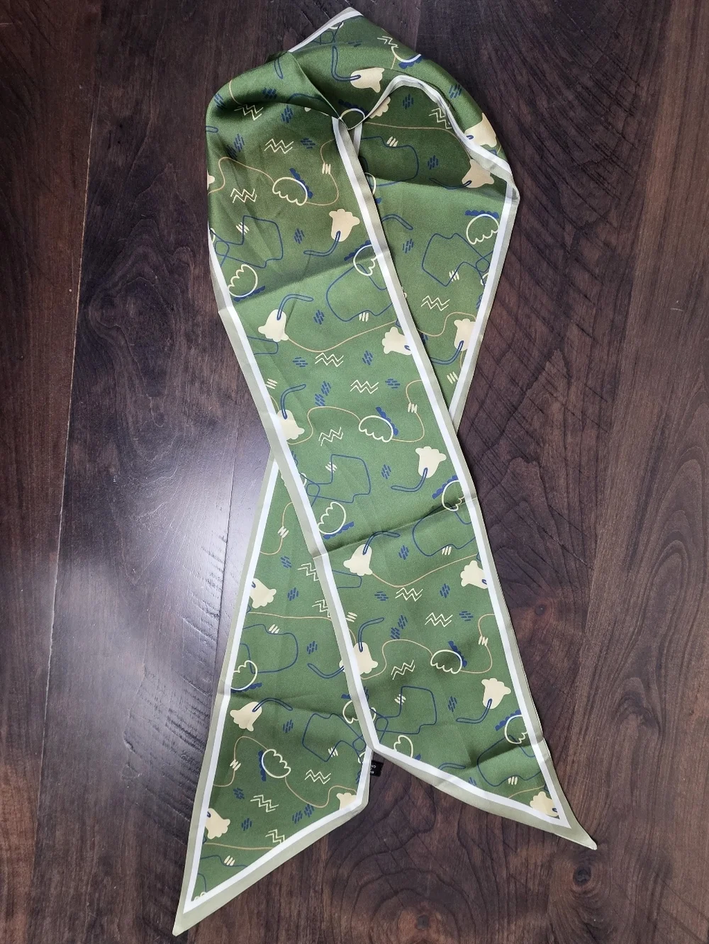 NWT Sage Green Silky Satin Skinny Scarf Abstract Floral Twilly 60